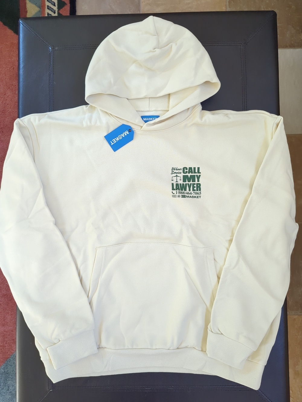 NWT Market Studios "Call My Lawyer" Hoodie Cream/Dark Green XL
